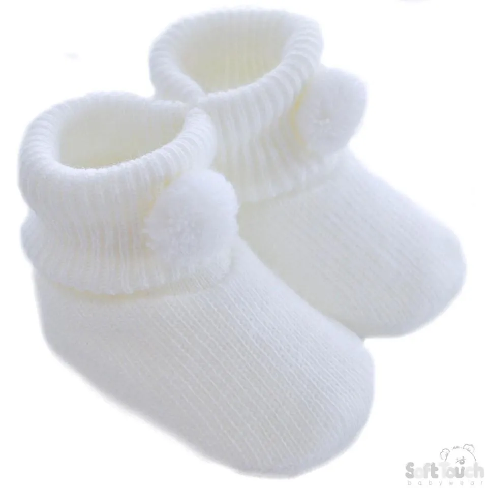 Acrylic Pom-Pom Baby Bootees White - S408-W