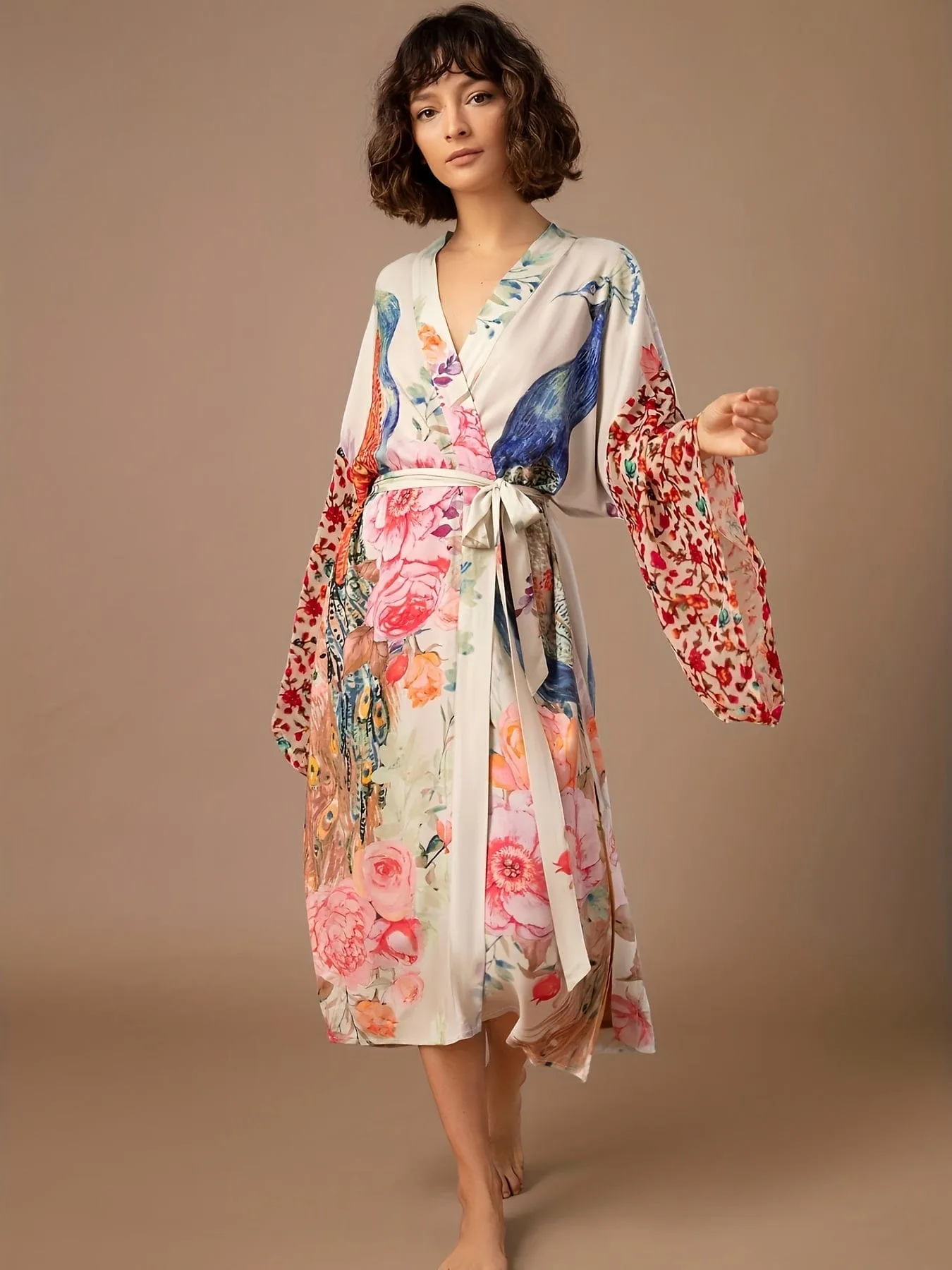 Beach Ready Peacock Print Wrap Robe