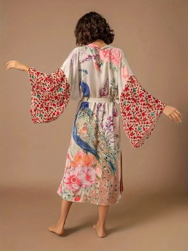 Beach Ready Peacock Print Wrap Robe