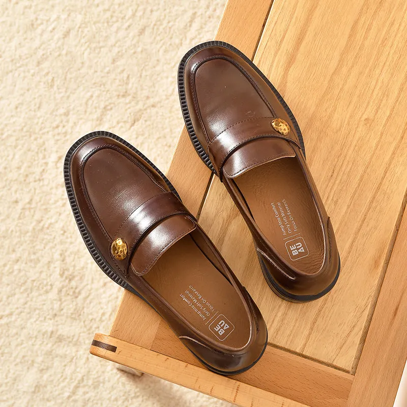 BeauToday Cow Leather Classic Slip-on Penny Loafers with Metal Decoration for Women