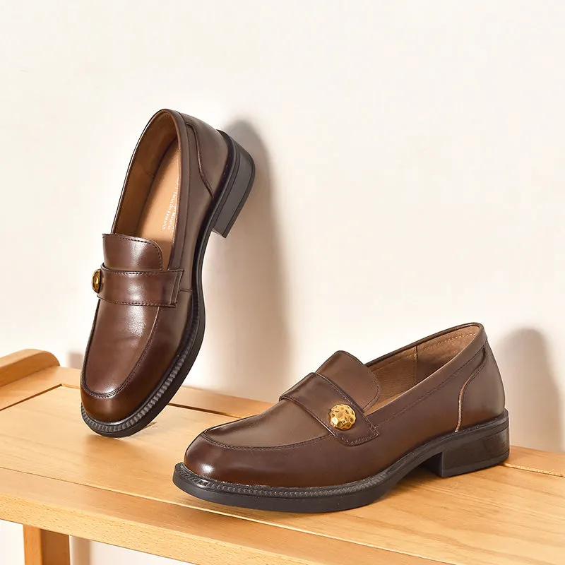 BeauToday Cow Leather Classic Slip-on Penny Loafers with Metal Decoration for Women