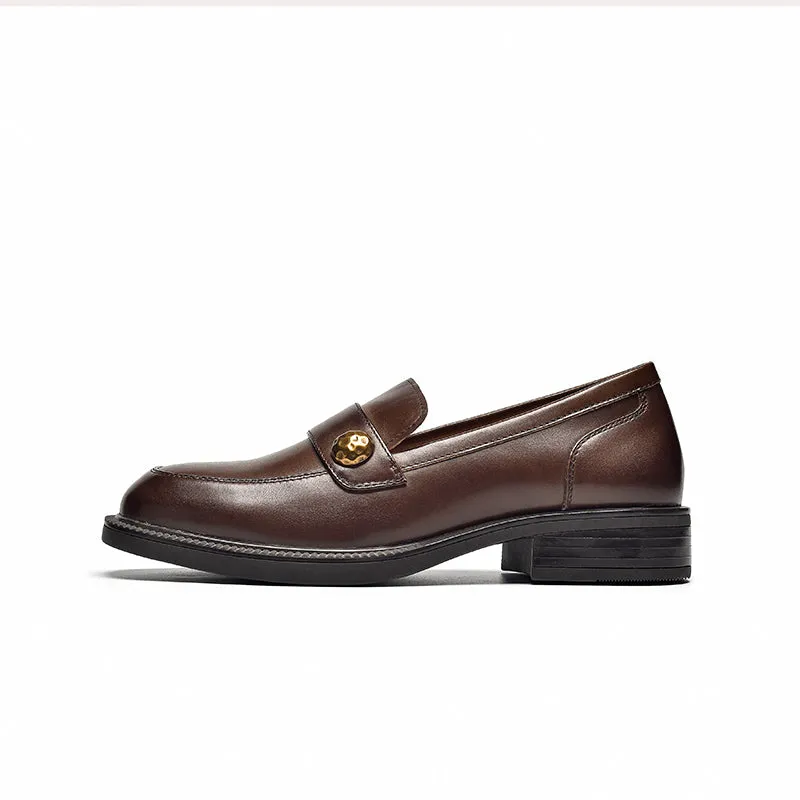 BeauToday Cow Leather Classic Slip-on Penny Loafers with Metal Decoration for Women