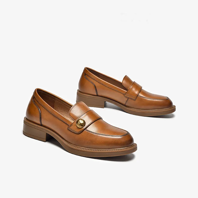 BeauToday Cow Leather Classic Slip-on Penny Loafers with Metal Decoration for Women