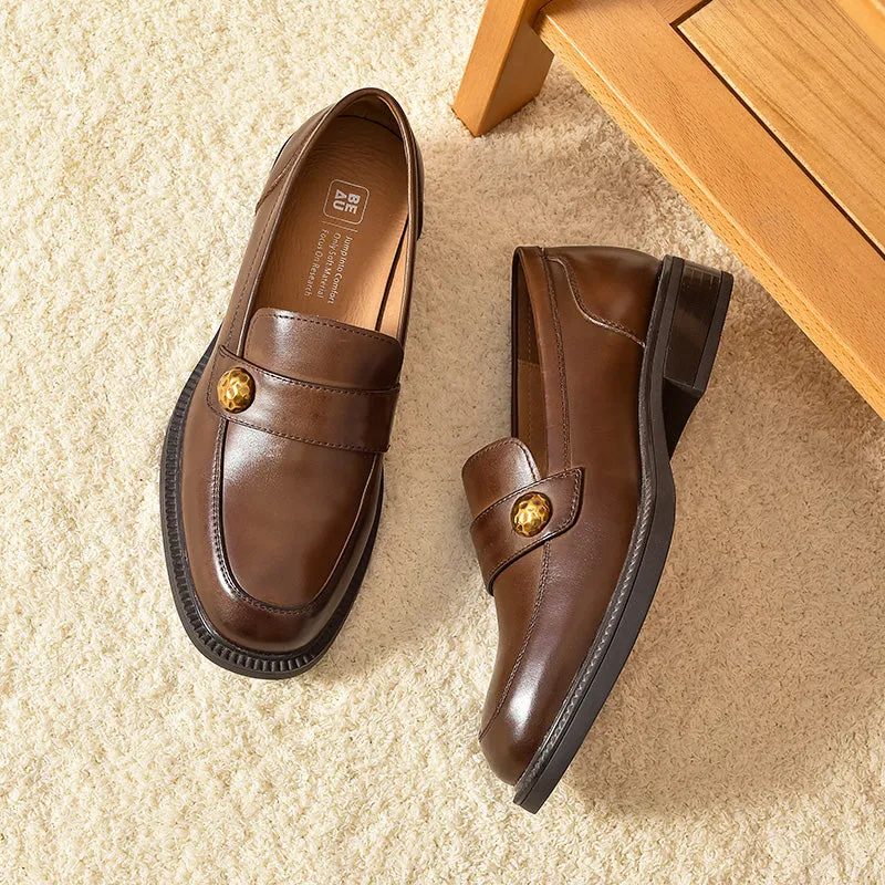 BeauToday Cow Leather Classic Slip-on Penny Loafers with Metal Decoration for Women