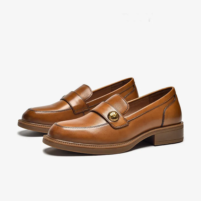 BeauToday Cow Leather Classic Slip-on Penny Loafers with Metal Decoration for Women