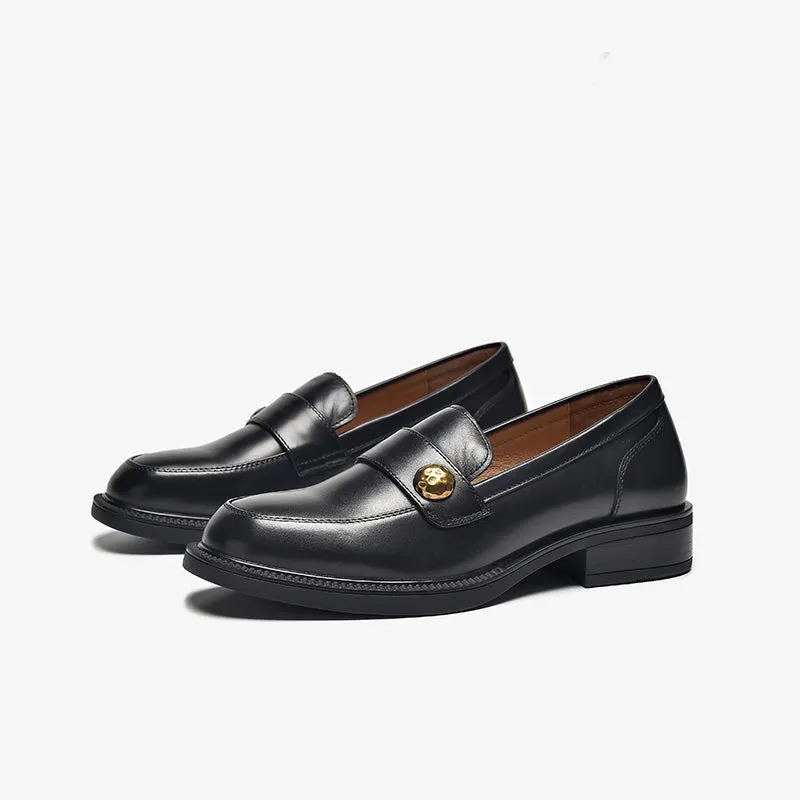 BeauToday Cow Leather Classic Slip-on Penny Loafers with Metal Decoration for Women