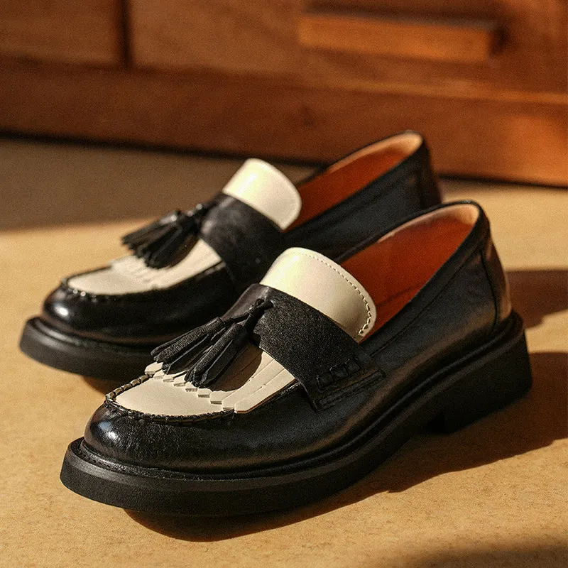 BeauToday Vintage Handmade Calfskin Loafers with Tassel Design for Women