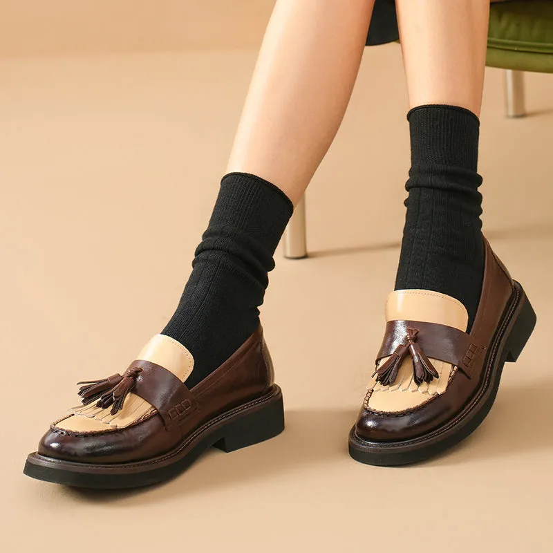 BeauToday Vintage Handmade Calfskin Loafers with Tassel Design for Women