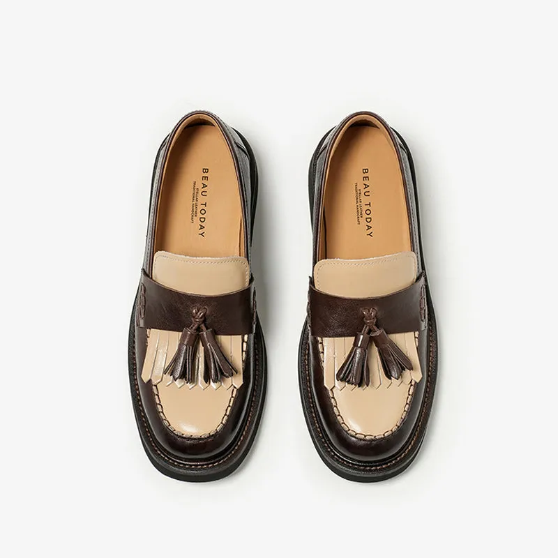 BeauToday Vintage Handmade Calfskin Loafers with Tassel Design for Women