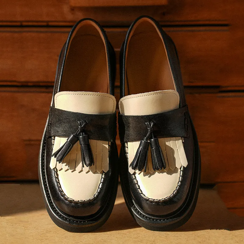 BeauToday Vintage Handmade Calfskin Loafers with Tassel Design for Women
