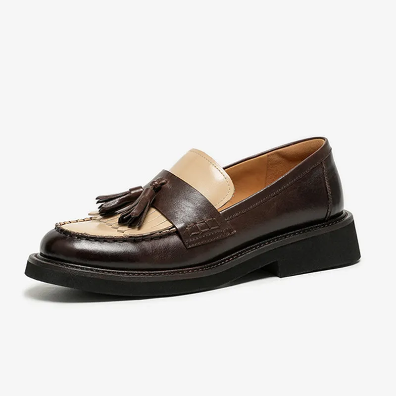 BeauToday Vintage Handmade Calfskin Loafers with Tassel Design for Women