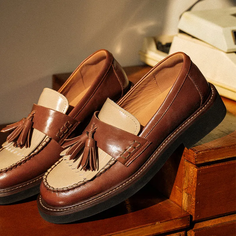 BeauToday Vintage Handmade Calfskin Loafers with Tassel Design for Women