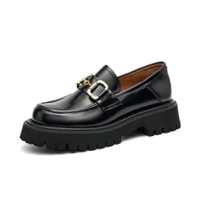 BeauToday Womens Chunky Loafers Classic Round Toe Lug Sole Cow Leather Loafers with Metal Buckle Decoration
