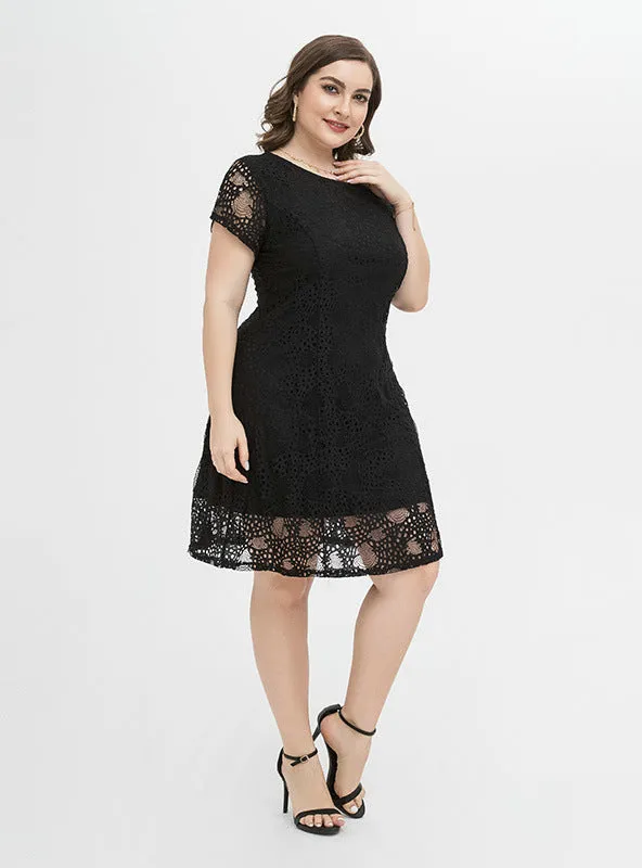 Black Lace Short Sleeve Plus Size Dress