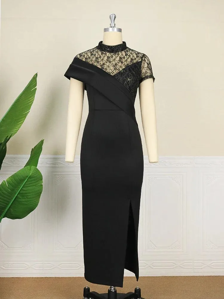 Black Long High Neck Lace Patchwork