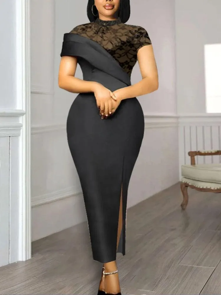 Black Long High Neck Lace Patchwork