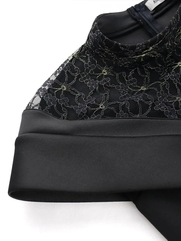 Black Long High Neck Lace Patchwork
