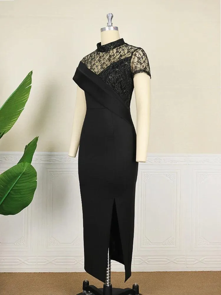 Black Long High Neck Lace Patchwork