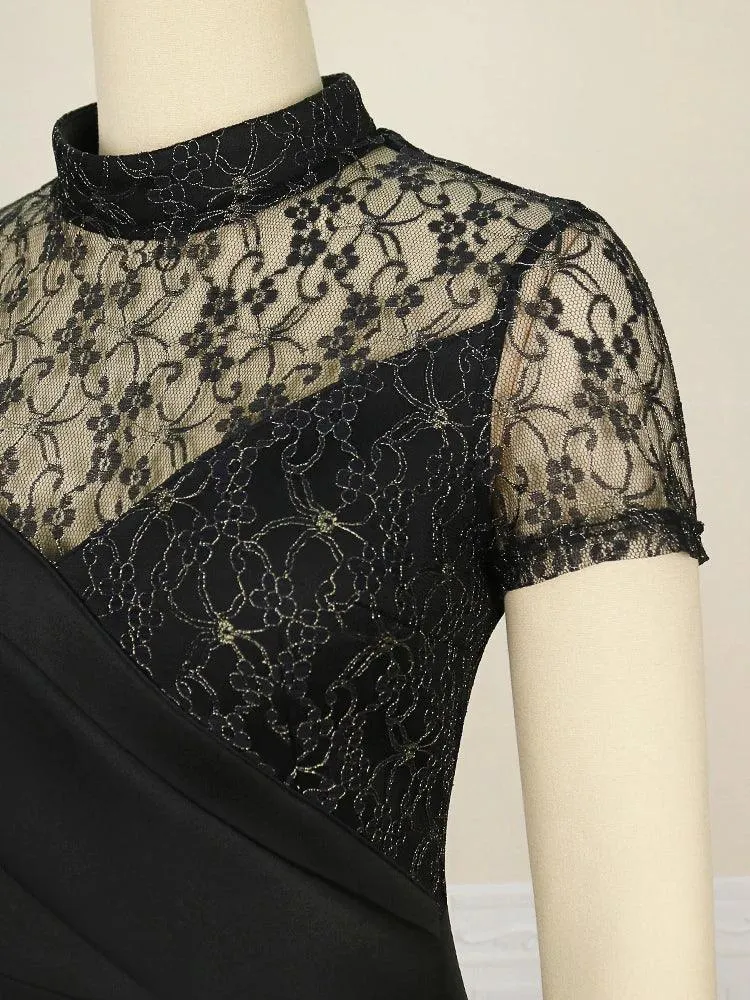 Black Long High Neck Lace Patchwork