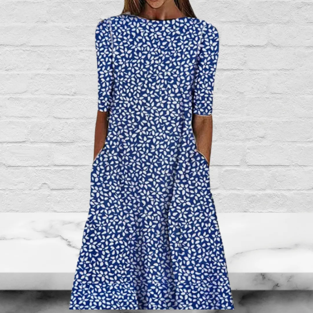 Blue Floral Printed Short Sleeves Maxi Dress