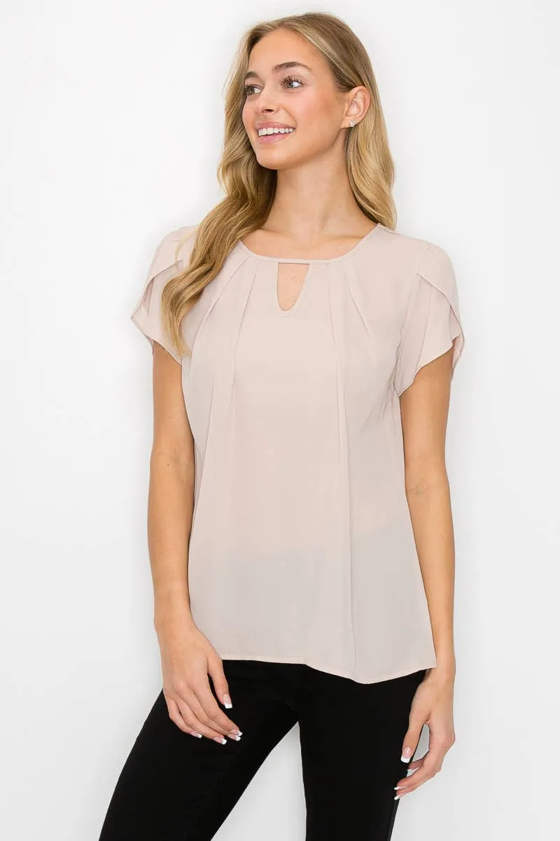 Blush Keyhole Neck Tulip Short Sleeve Wool Dobby Blouse
