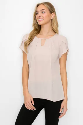 Blush Keyhole Neck Tulip Short Sleeve Wool Dobby Blouse