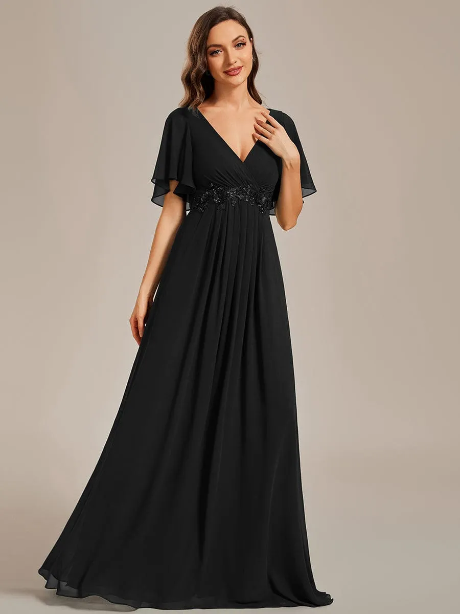 Bridesmaid Gown with V Neck Lace Applique