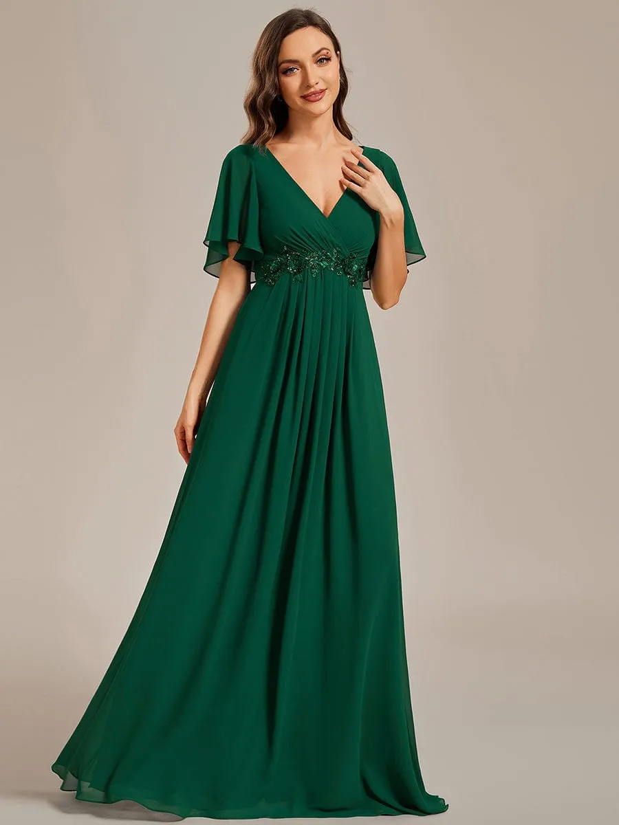 Bridesmaid Gown with V Neck Lace Applique