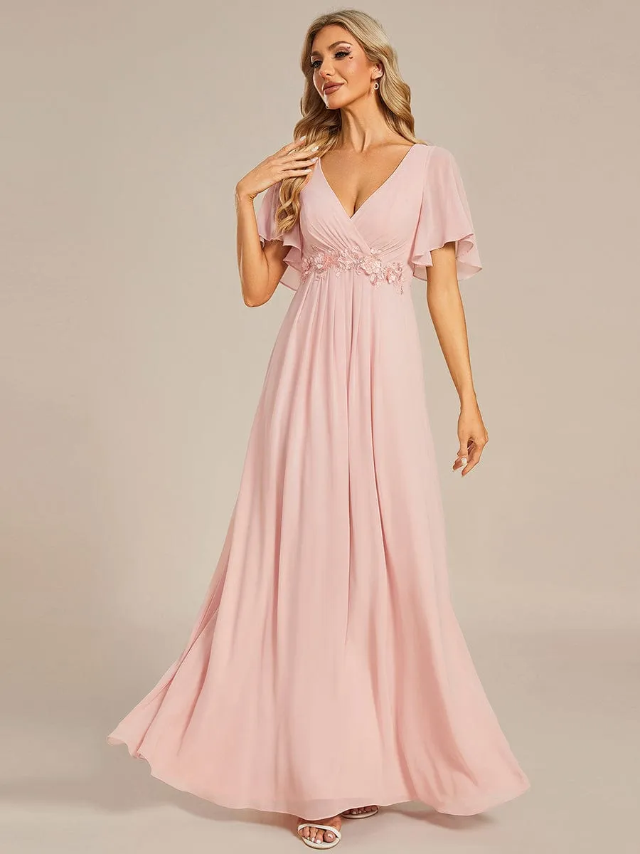 Bridesmaid Gown with V Neck Lace Applique