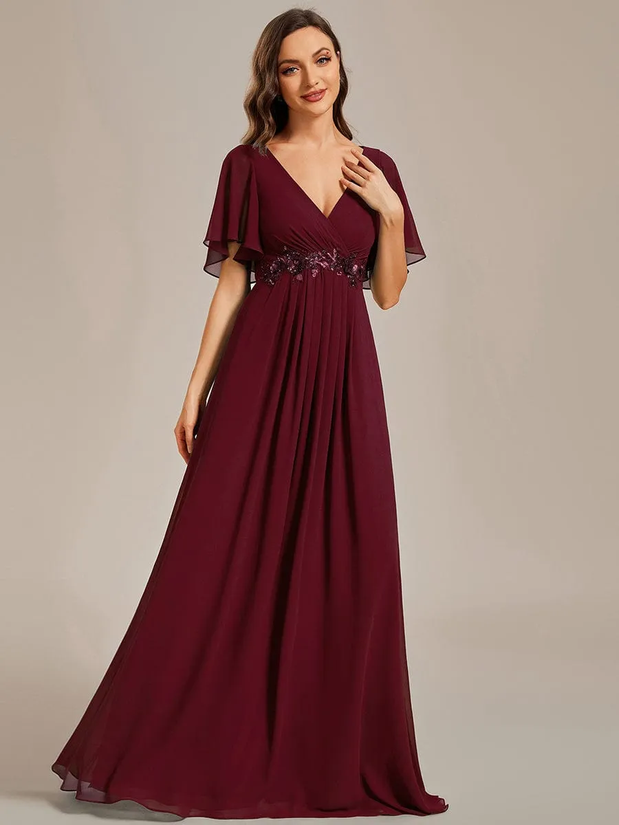 Bridesmaid Gown with V Neck Lace Applique