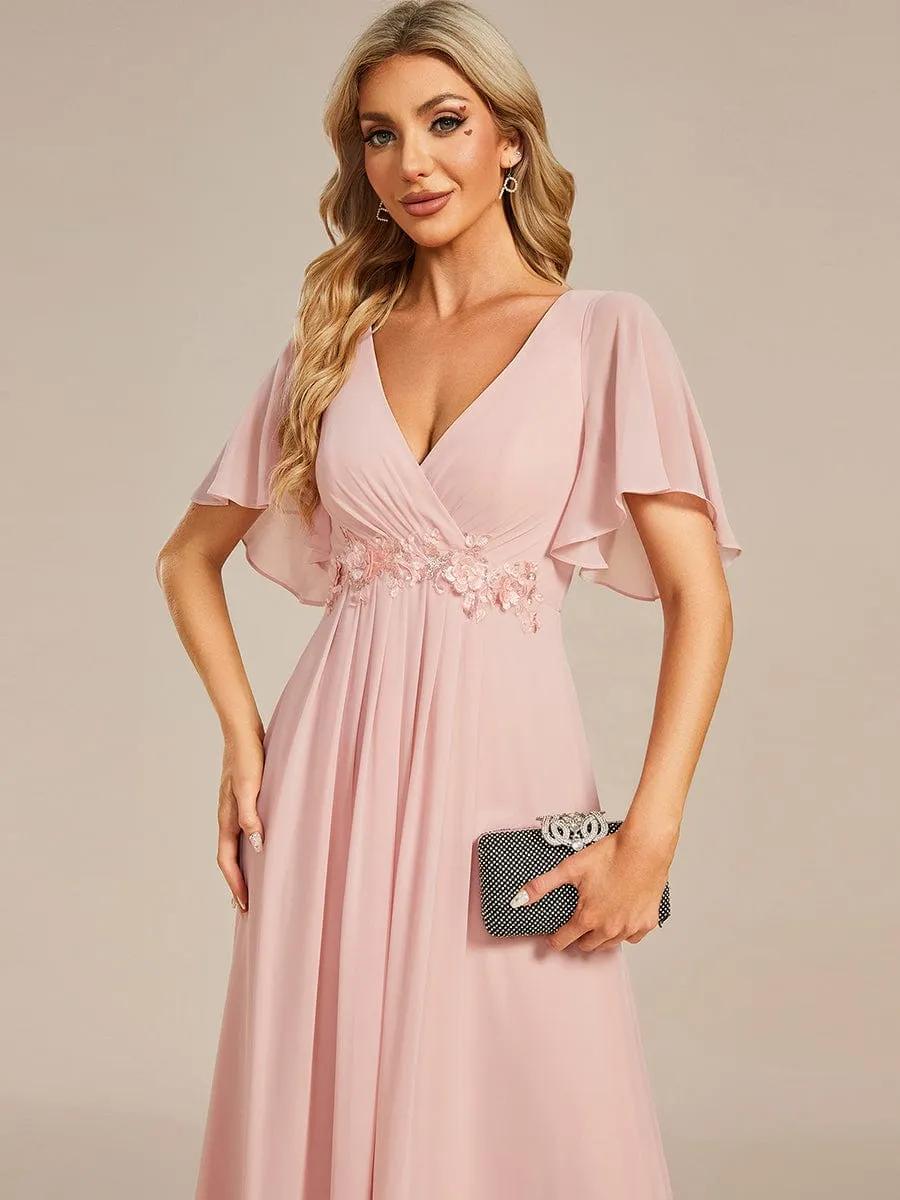 Bridesmaid Gown with V Neck Lace Applique