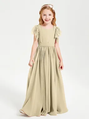 Chiffon Junior Bridesmaid Dresses Lace Flutter Sleeves Scoop Neck Champagne