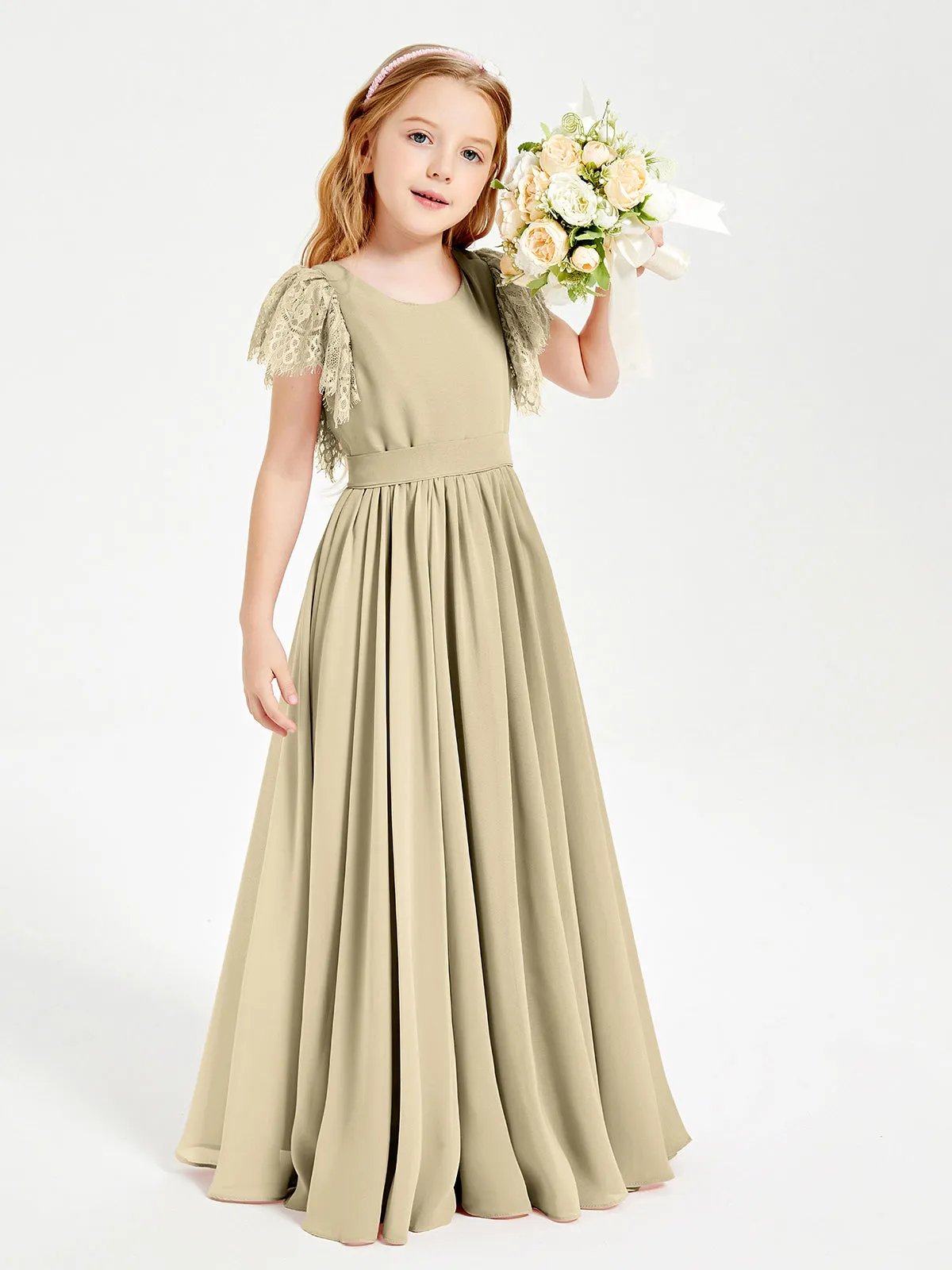 Chiffon Junior Bridesmaid Dresses Lace Flutter Sleeves Scoop Neck Champagne