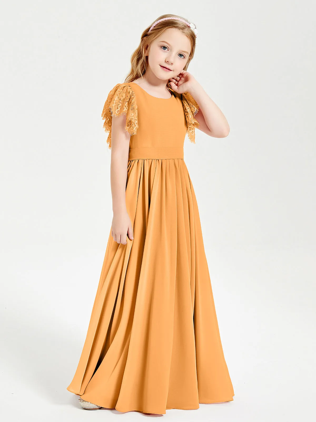 Chiffon Junior Bridesmaid Dresses Lace Flutter Sleeves Scoop Neck Tangerine