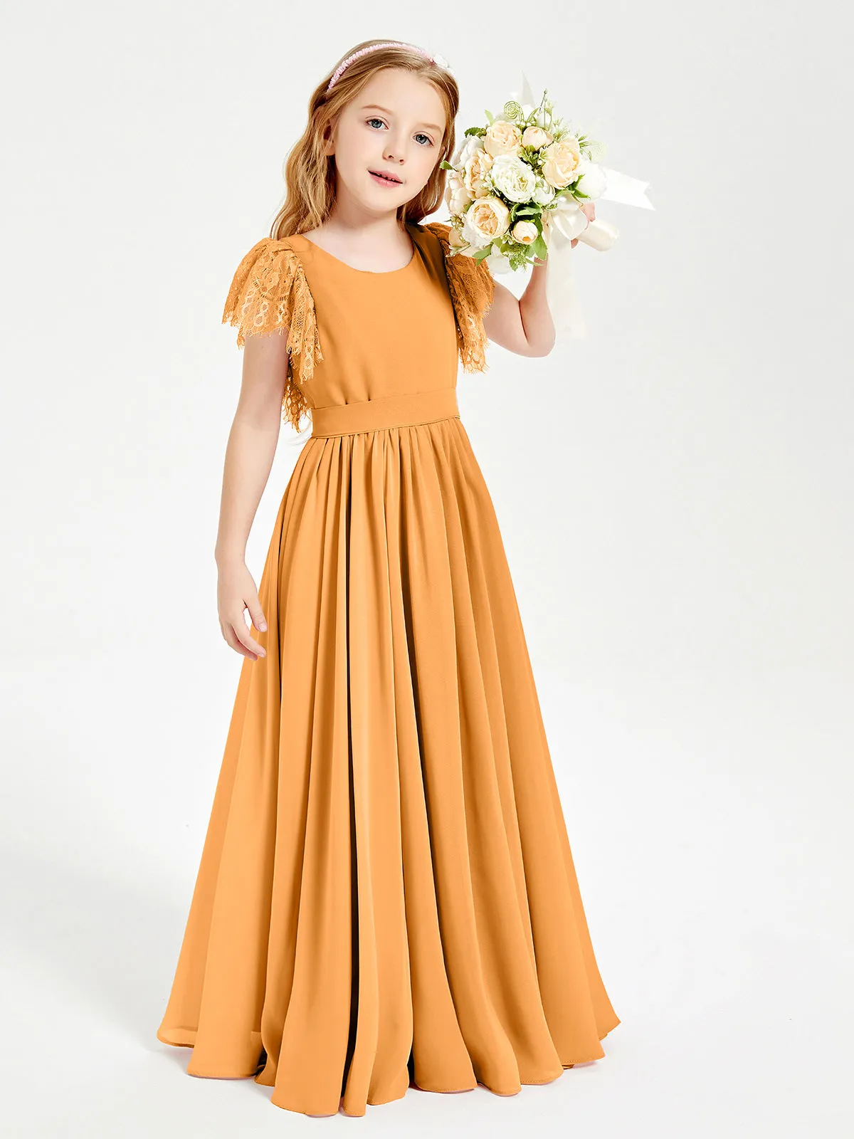 Chiffon Junior Bridesmaid Dresses Lace Flutter Sleeves Scoop Neck Tangerine
