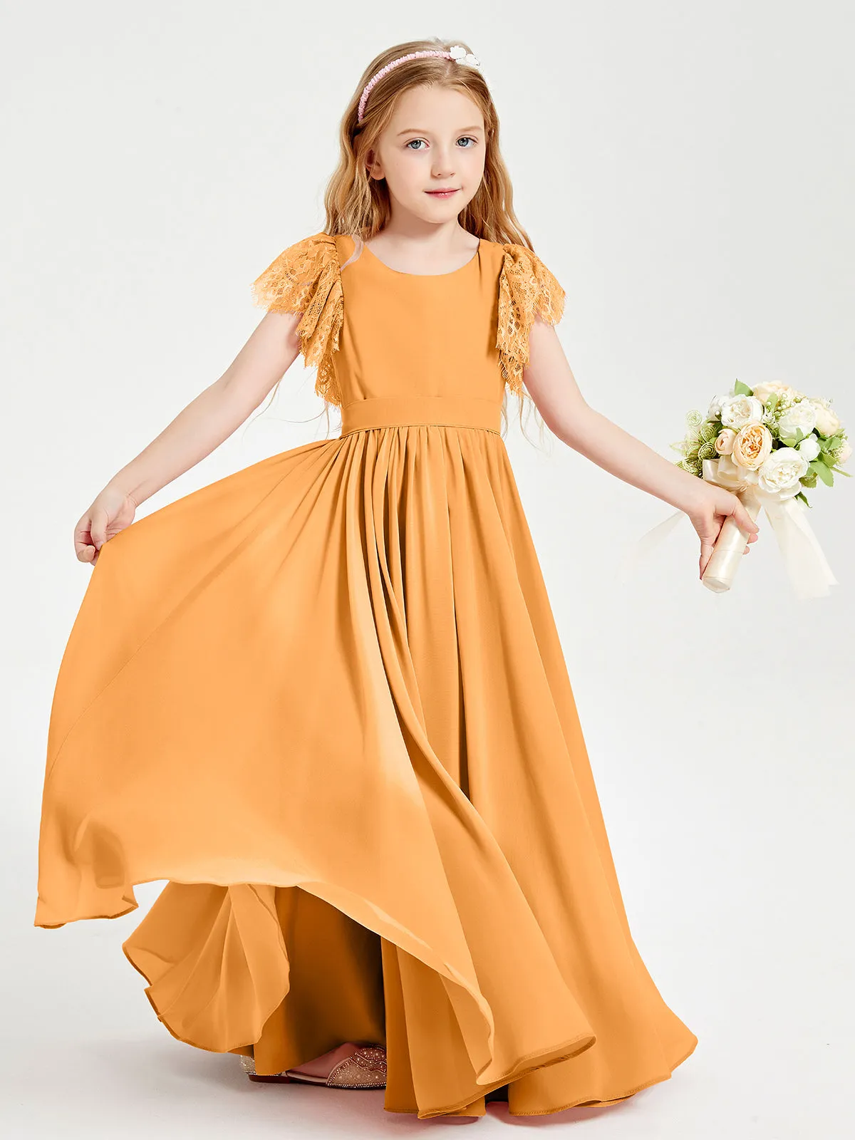 Chiffon Junior Bridesmaid Dresses Lace Flutter Sleeves Scoop Neck Tangerine