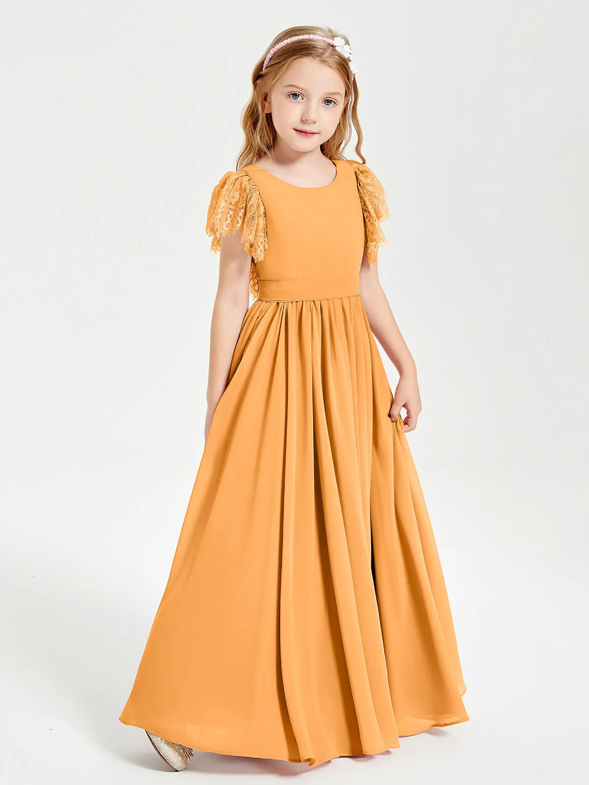 Chiffon Junior Bridesmaid Dresses Lace Flutter Sleeves Scoop Neck Tangerine