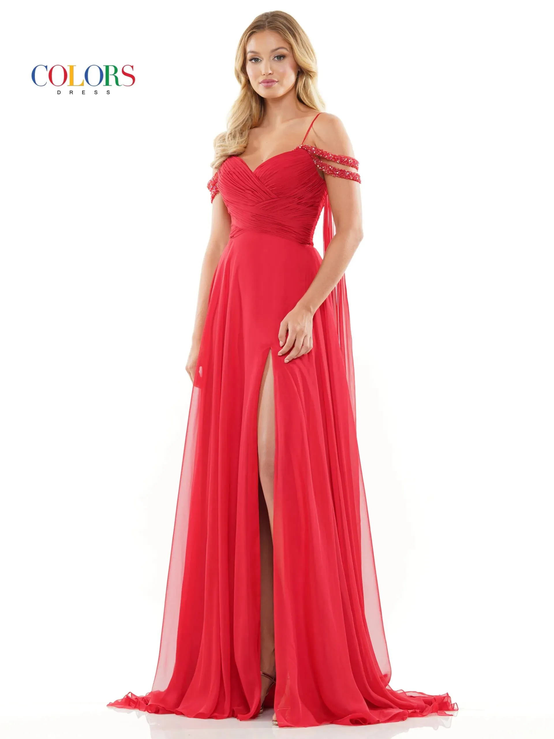 Colors Dress 3101 A Line Chiffon Pageant Dress Cape Maxi Slit Prom Gown off the shoulder straps