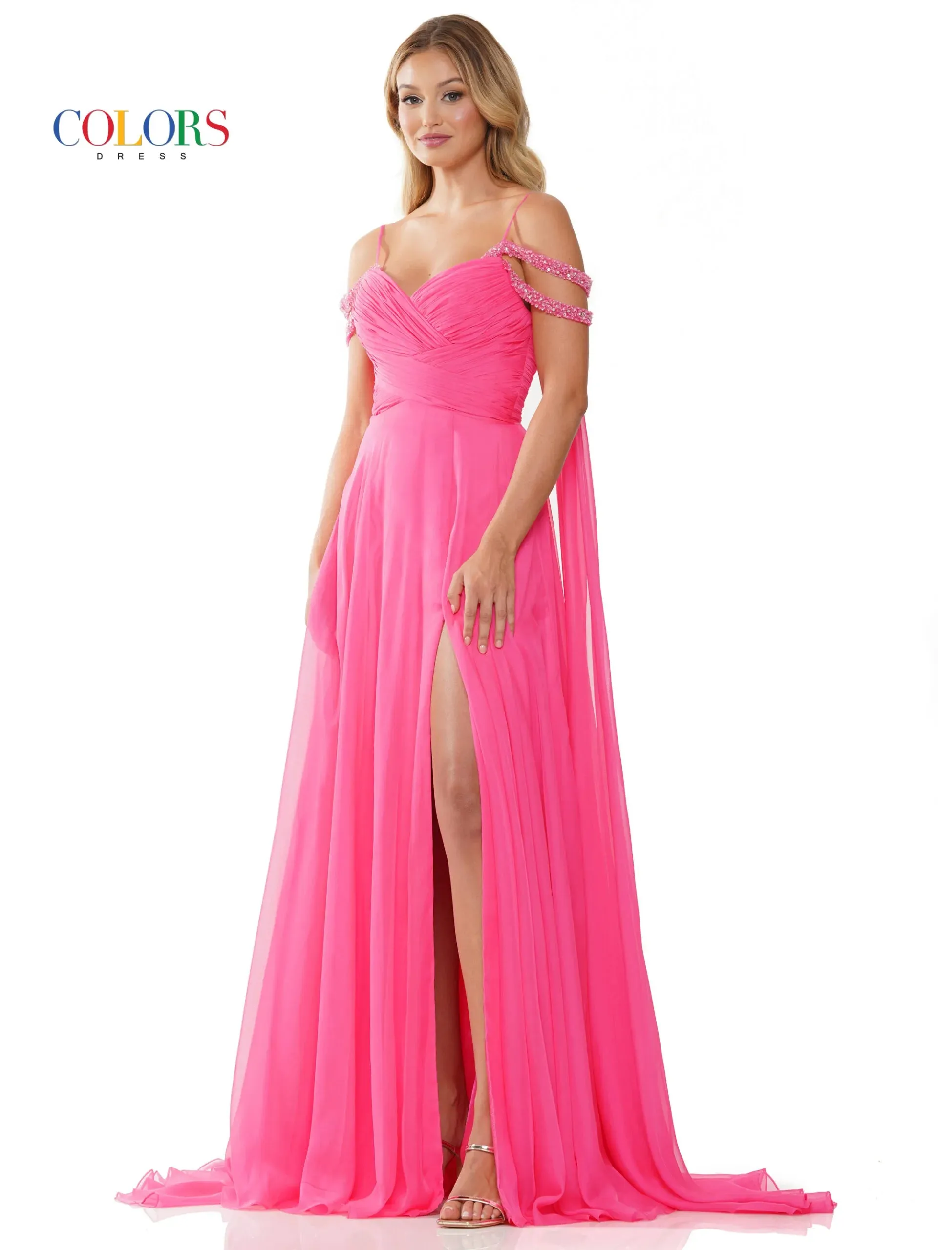Colors Dress 3101 A Line Chiffon Pageant Dress Cape Maxi Slit Prom Gown off the shoulder straps