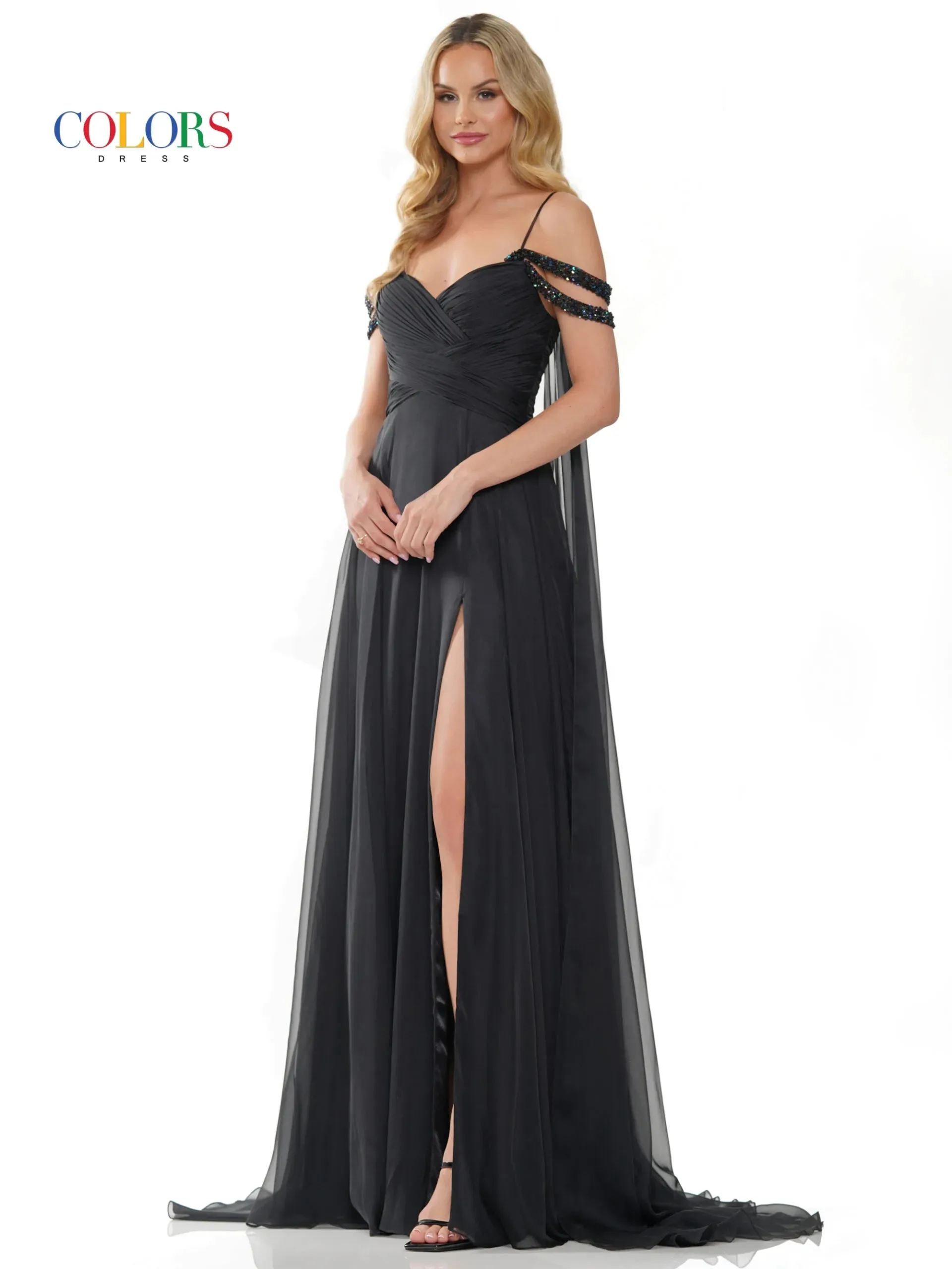 Colors Dress 3101 A Line Chiffon Pageant Dress Cape Maxi Slit Prom Gown off the shoulder straps