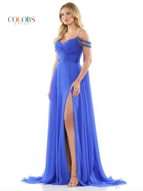 Colors Dress 3101 A Line Chiffon Pageant Dress Cape Maxi Slit Prom Gown off the shoulder straps