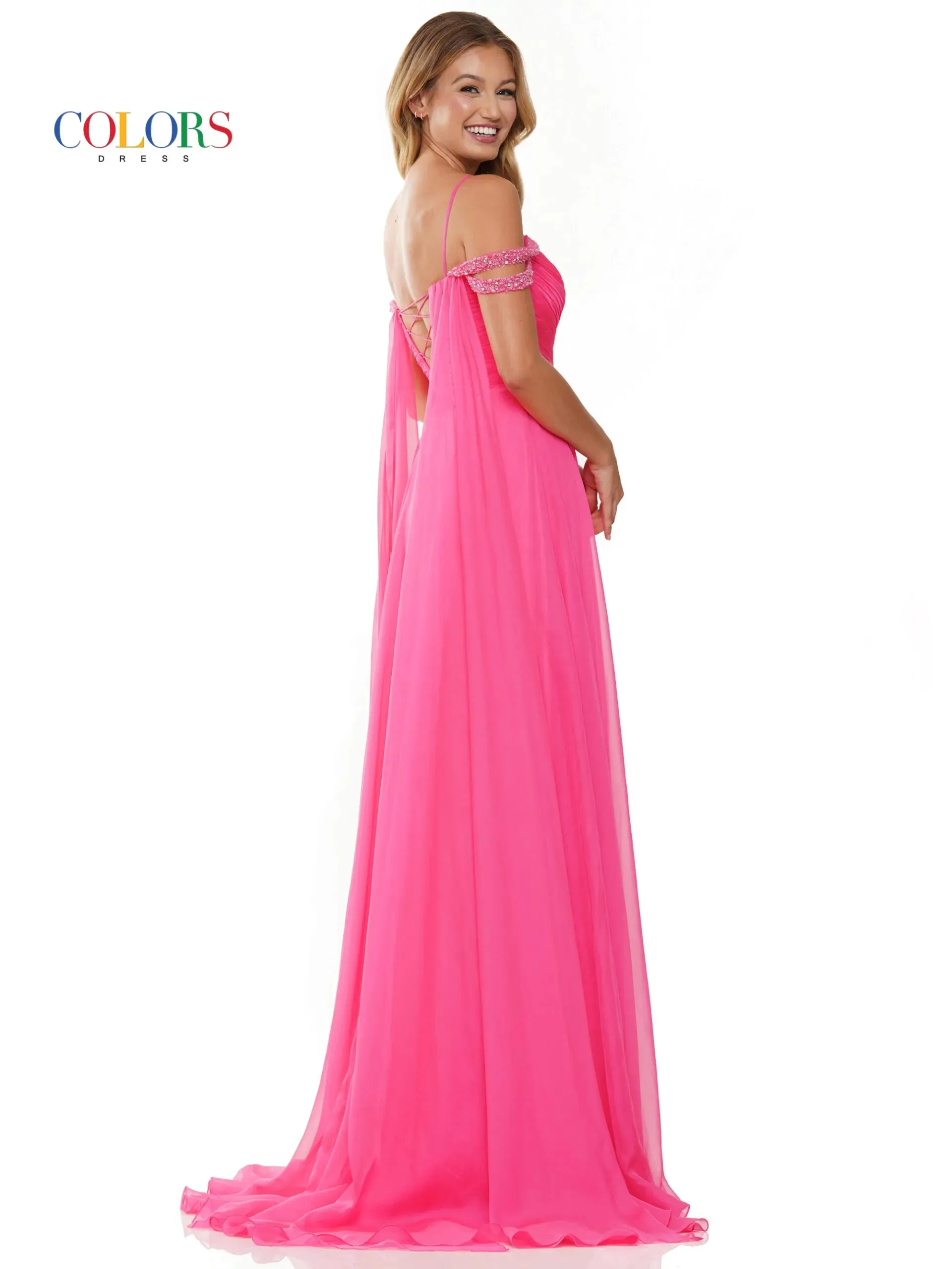 Colors Dress 3101 A Line Chiffon Pageant Dress Cape Maxi Slit Prom Gown off the shoulder straps