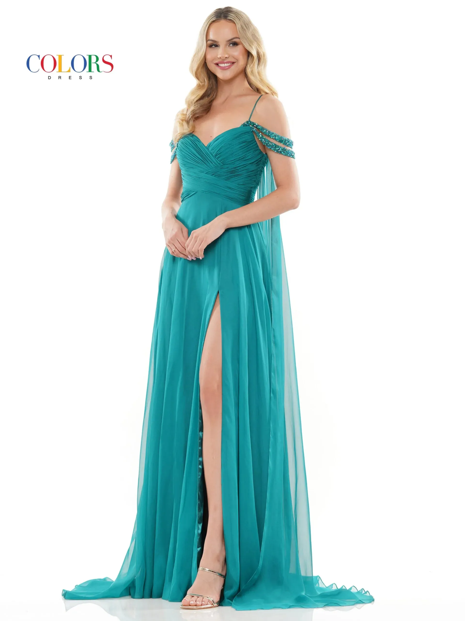 Colors Dress 3101 A Line Chiffon Pageant Dress Cape Maxi Slit Prom Gown off the shoulder straps