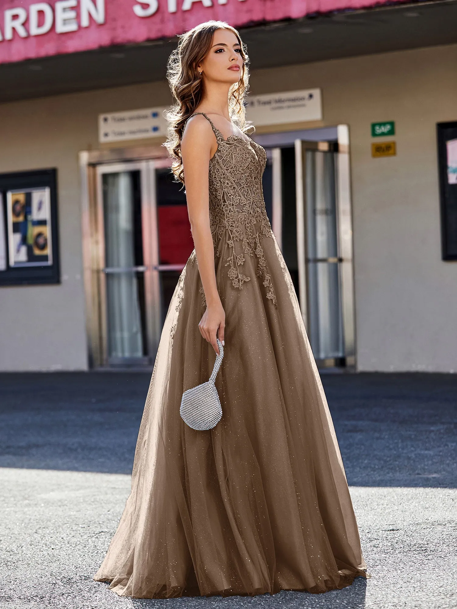 Corset Bodice A Line Tulle Gown Brown