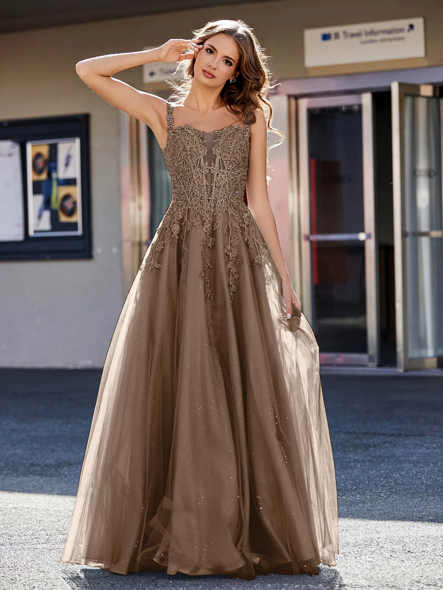Corset Bodice A Line Tulle Gown Brown