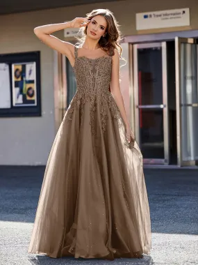 Corset Bodice A Line Tulle Gown Brown