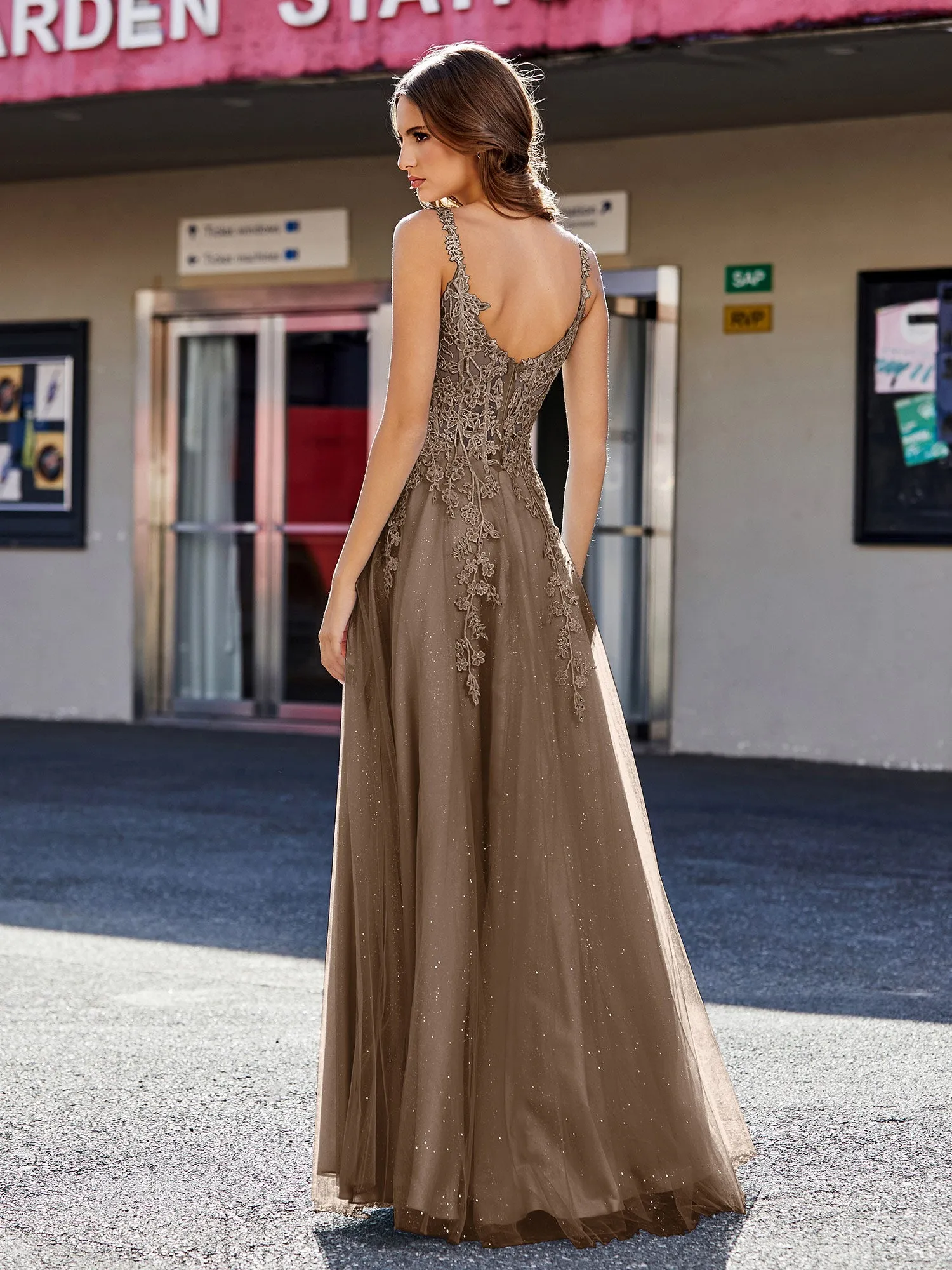 Corset Bodice A Line Tulle Gown Brown