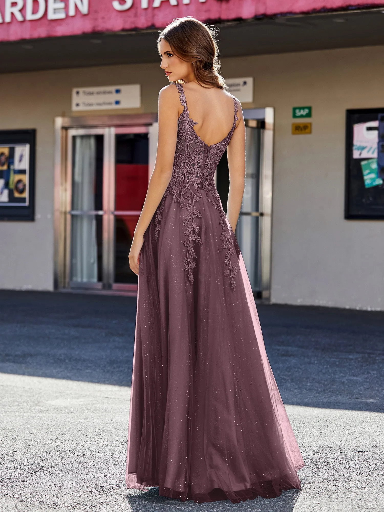 Corset Bodice A Line Tulle Gown Cabernet