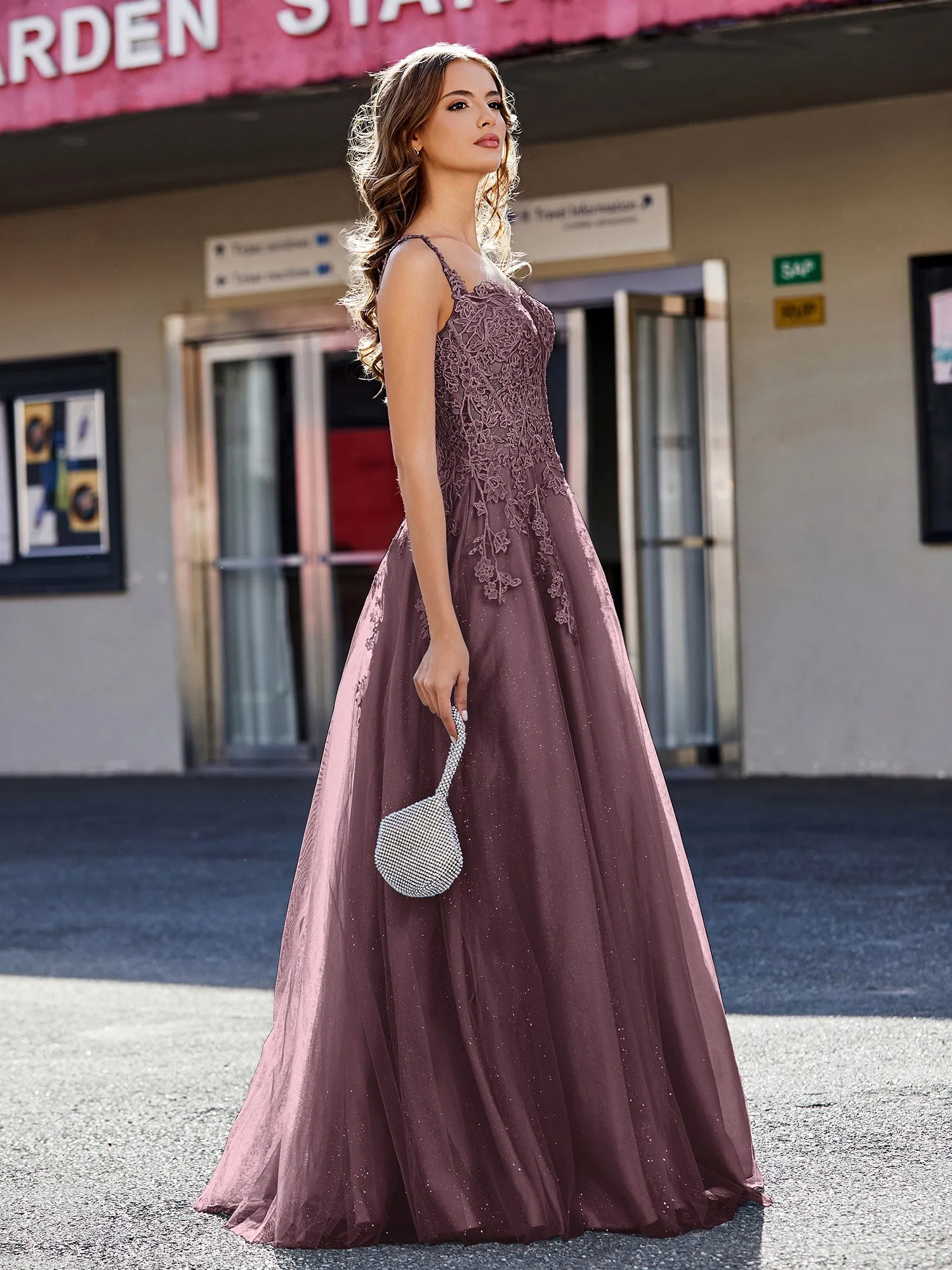Corset Bodice A Line Tulle Gown Cabernet