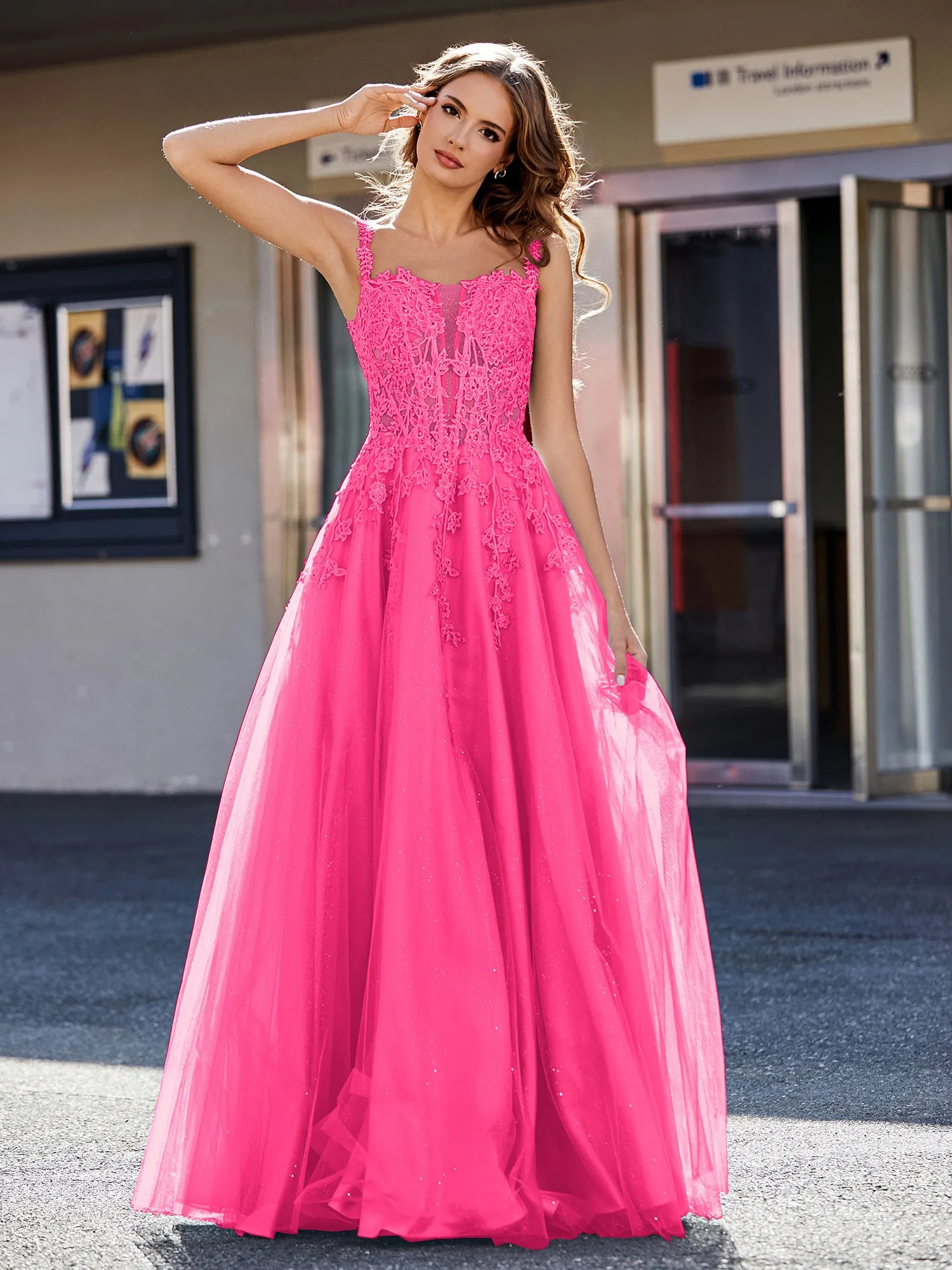 Corset Bodice A Line Tulle Gown Fuchsia